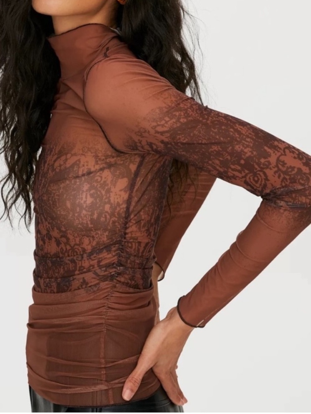 Wilfred Rust Brown Ruched Mesh Mock Neck Long Sleeve Top